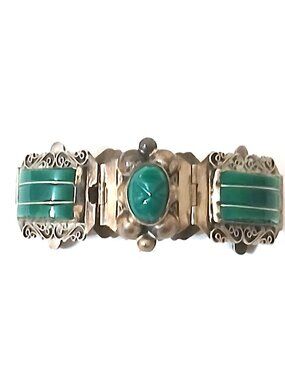 Vintage Mexico 925 Sterling Silver Green Stone Panel Bracelet Wide Statement 7.5